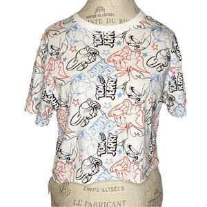 Tom And Jerry White Graphic Print Cropped Short Sleeve Shirt Women’s Size Small